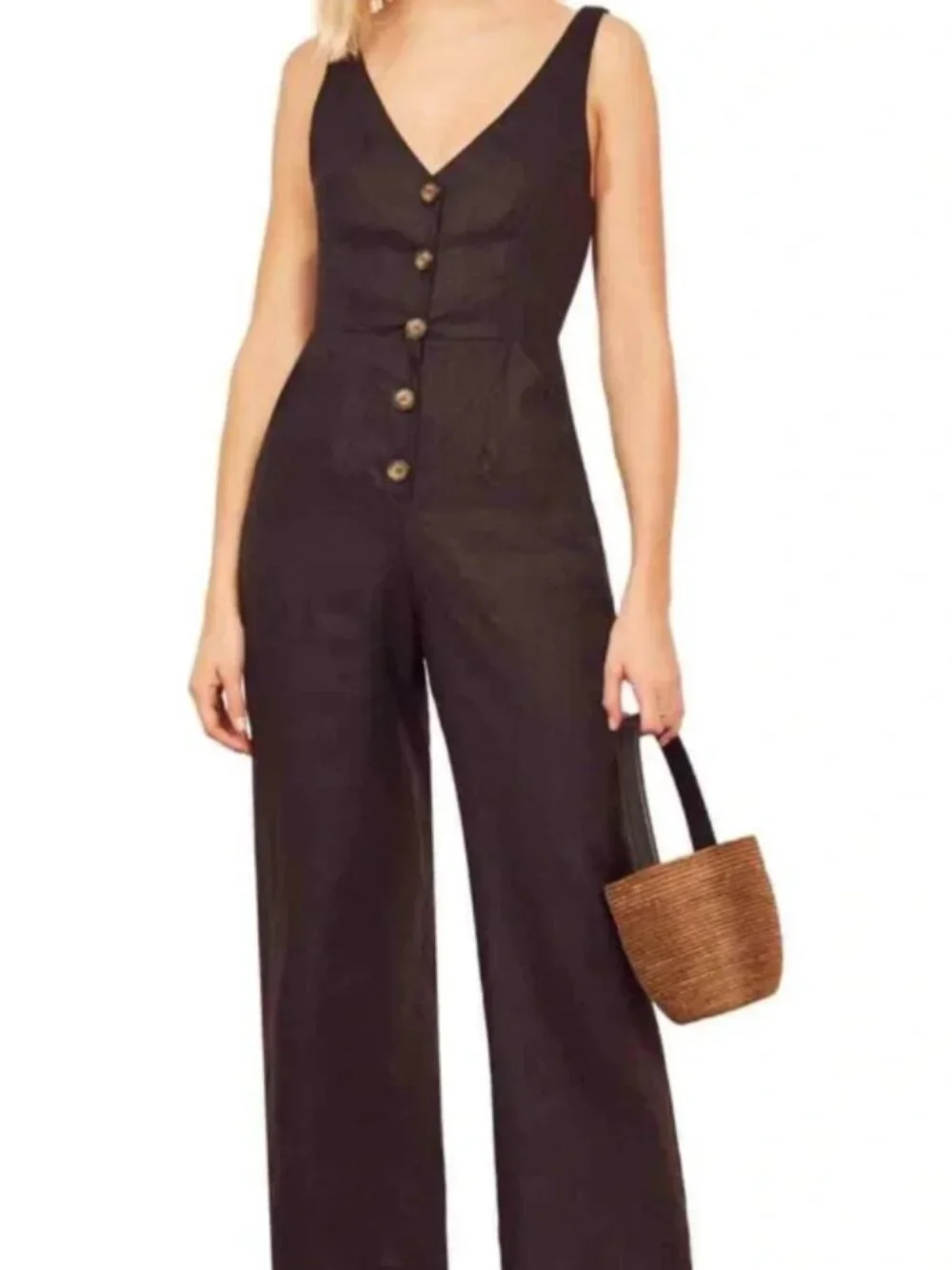 Reformation Vera Black Linen Button Jumpsuit Size 6